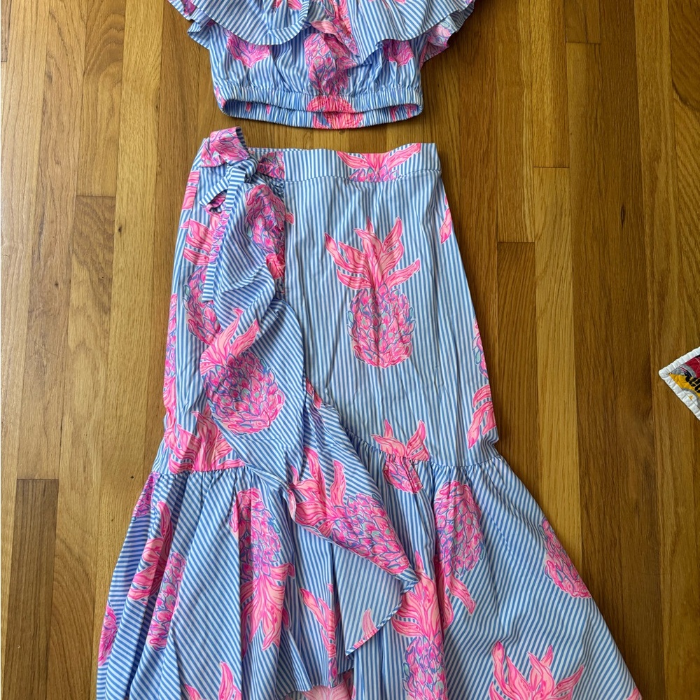 Lilly Pulitzer Blue Striped Shirt and Cropped Top Set with Pink Pineapple Accent